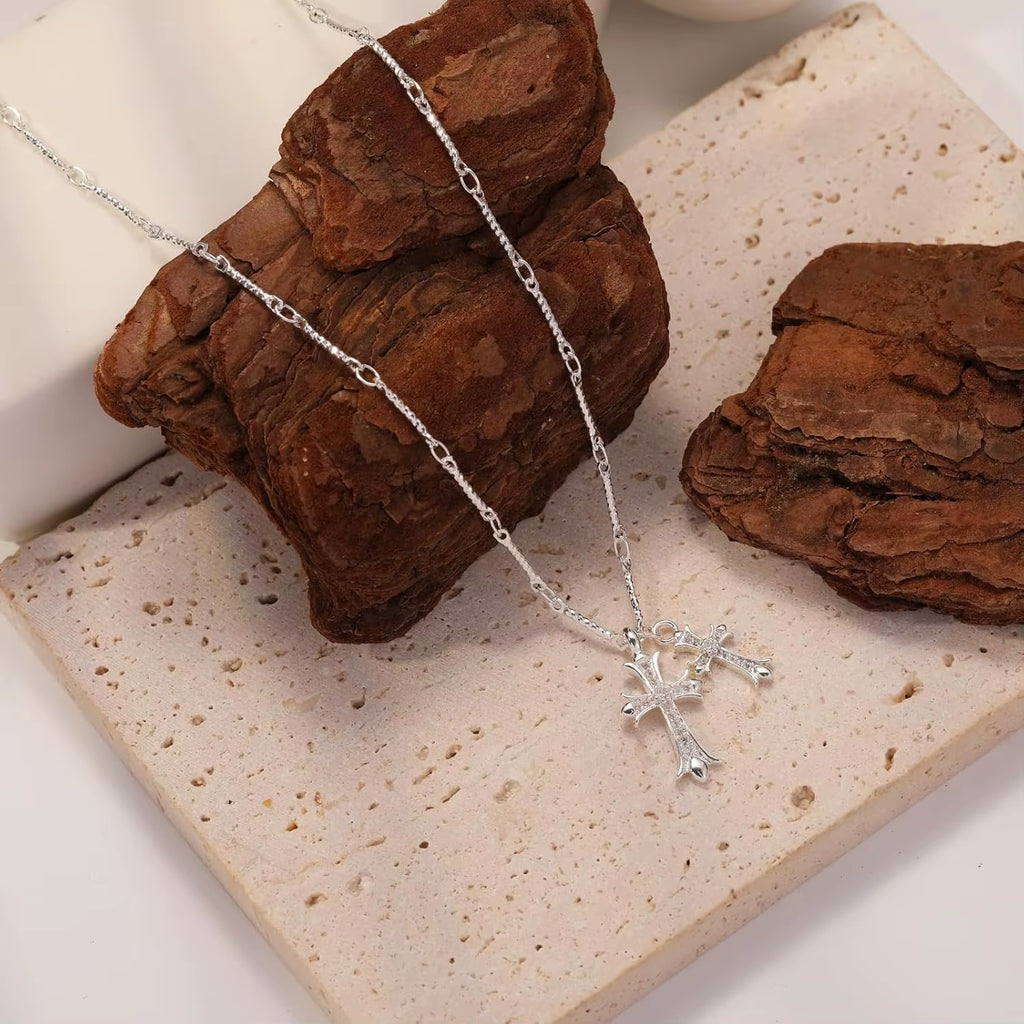 Cross Necklace K Gold/Silver Plated Double Cross Pendant Necklace Diamond Cross Link Chain Jewelry Religious Gifts for Women