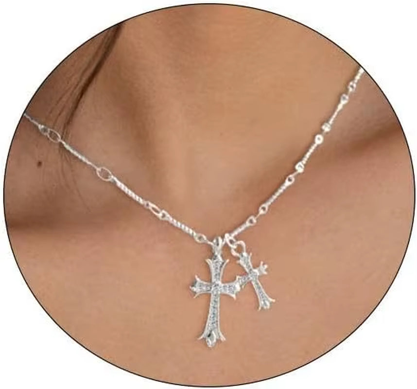 Cross Necklace K Gold/Silver Plated Double Cross Pendant Necklace Diamond Cross Link Chain Jewelry Religious Gifts for Women