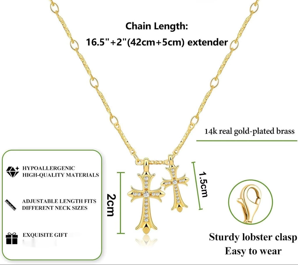 Cross Necklace K Gold/Silver Plated Double Cross Pendant Necklace Diamond Cross Link Chain Jewelry Religious Gifts for Women