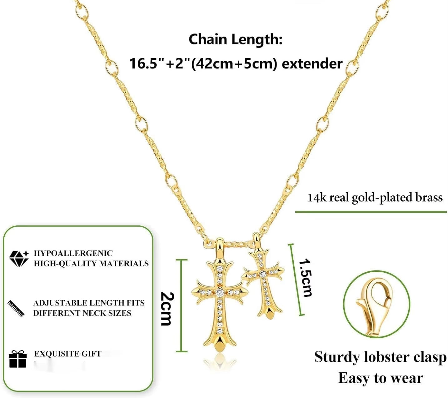Cross Necklace K Gold/Silver Plated Double Cross Pendant Necklace Diamond Cross Link Chain Jewelry Religious Gifts for Women